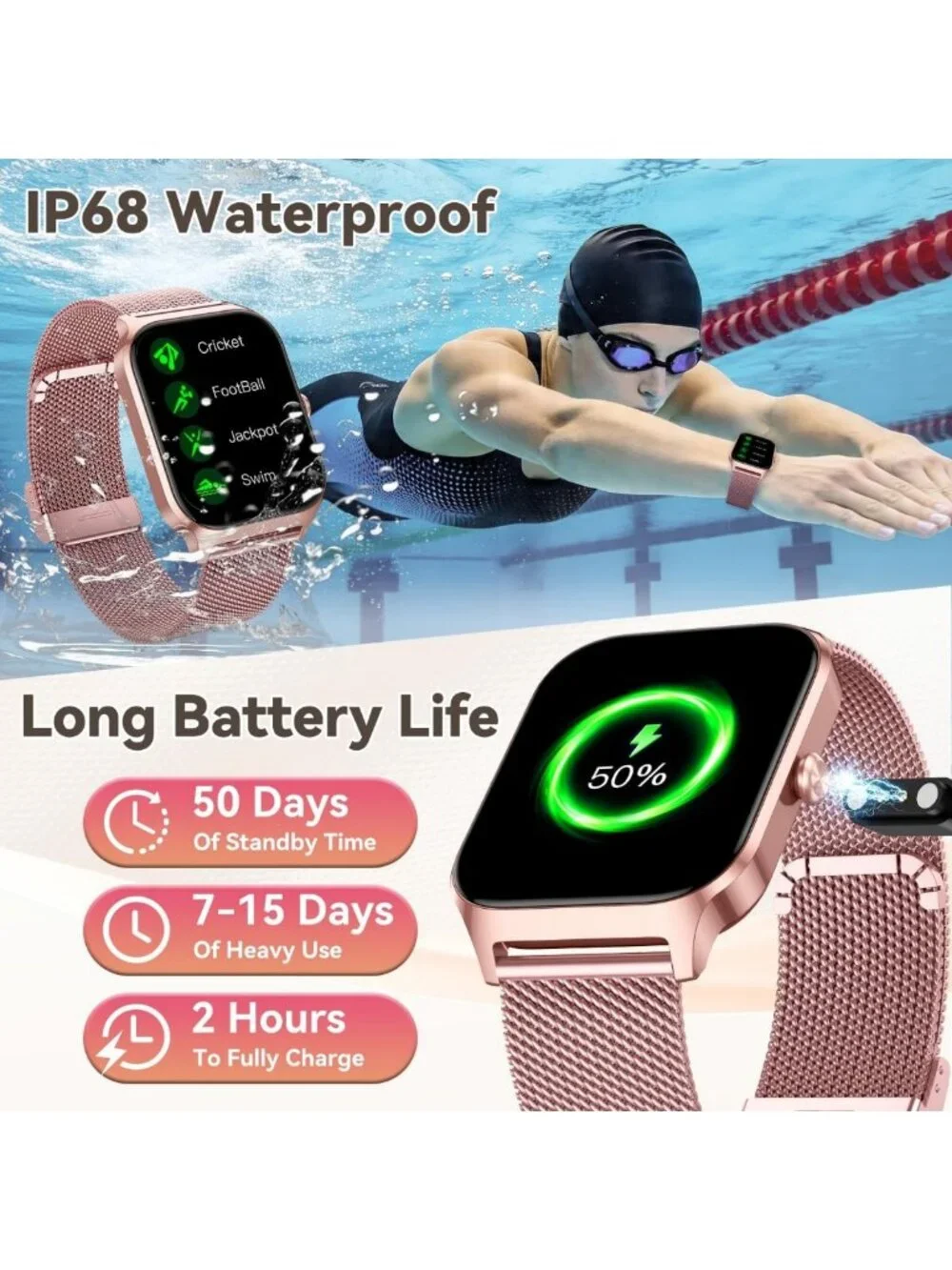 Stylish Rose Gold Smart Watch for Women - Fitness Tracker, Waterproof, Heart